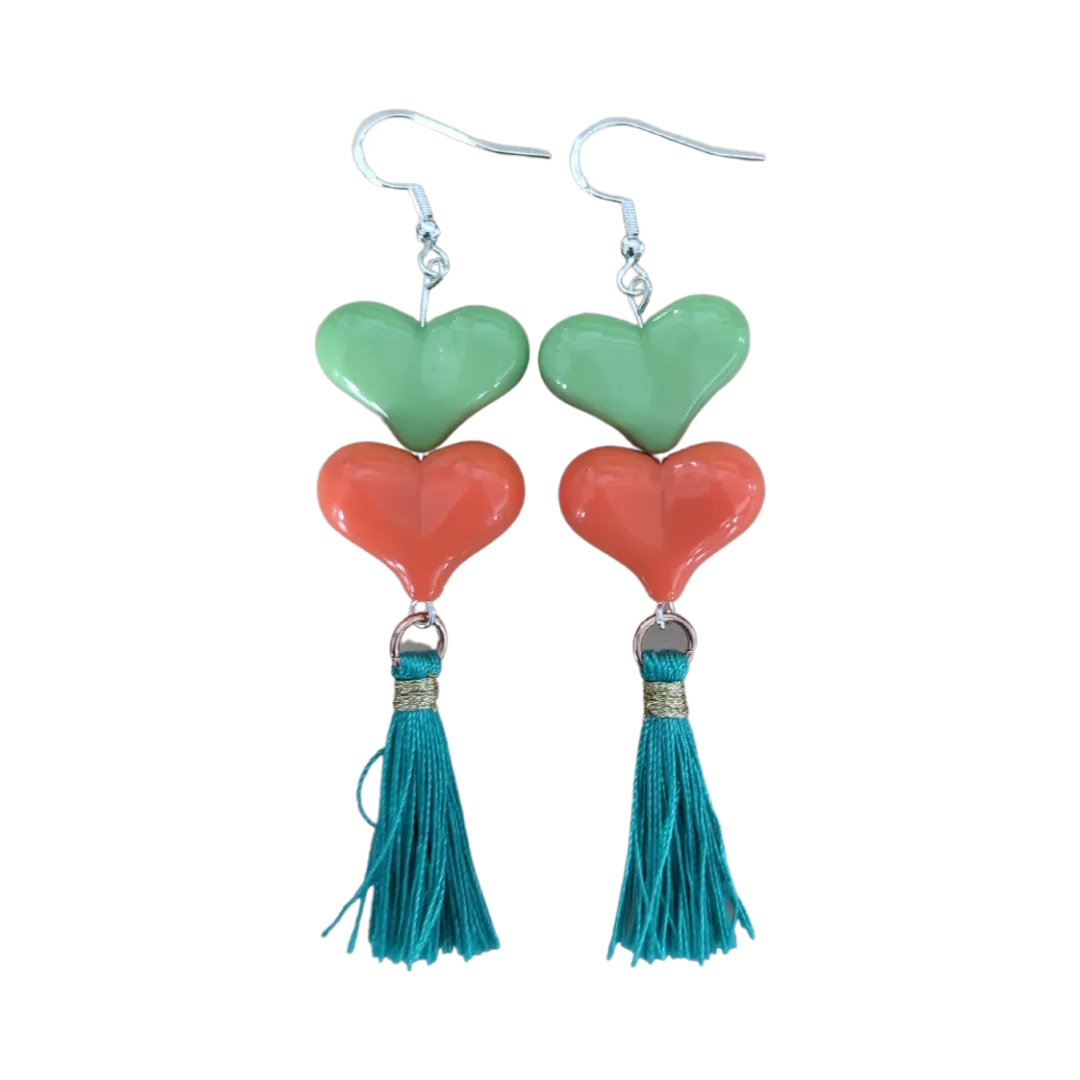 Earrings - Spring color acrylic hearts with tassels on hook