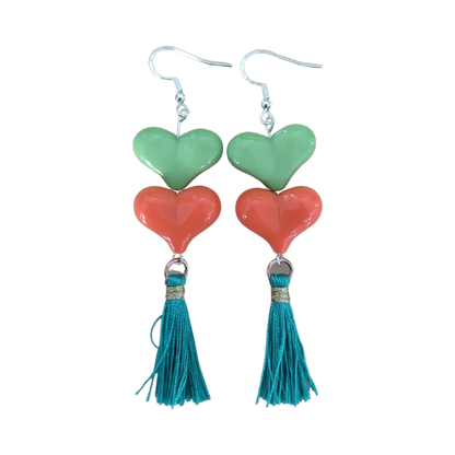 Earrings - Spring color acrylic hearts with tassels on hook