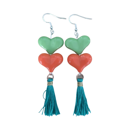 Earrings - Spring color acrylic hearts with tassels on hook