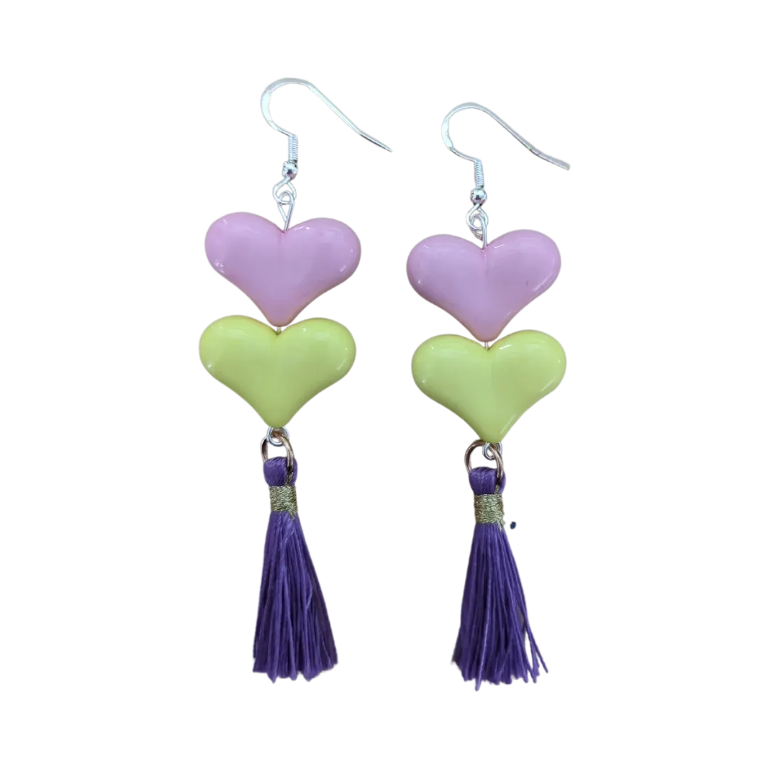 Earrings - Spring color acrylic hearts with tassels on hook