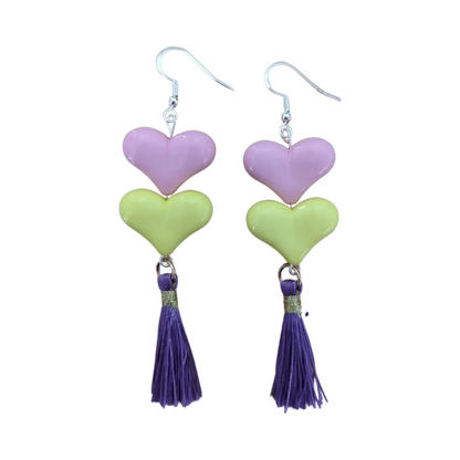 Earrings - Spring color acrylic hearts with tassels on hook