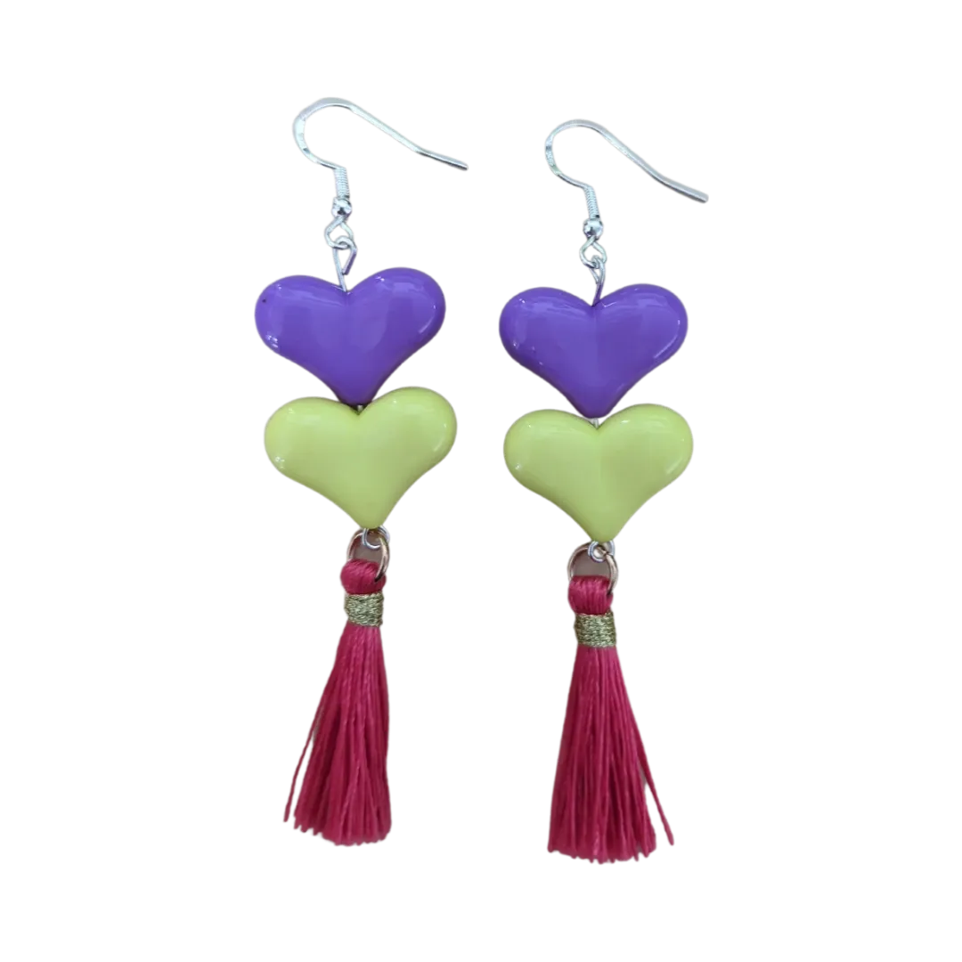 Earrings - Spring color acrylic hearts with tassels on hook