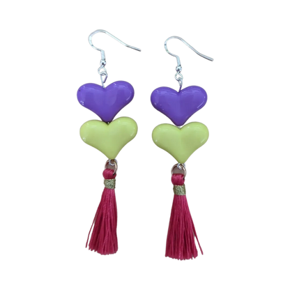 Earrings - Spring color acrylic hearts with tassels on hook