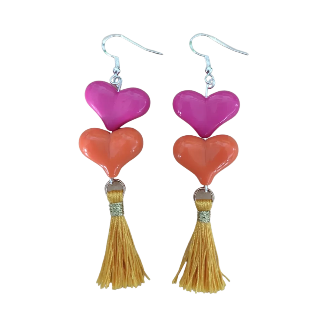 Earrings - Spring color acrylic hearts with tassels on hook