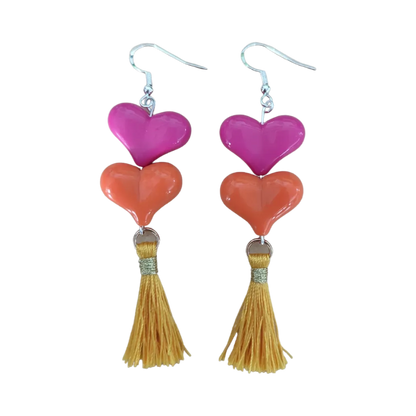 Earrings - Spring color acrylic hearts with tassels on hook