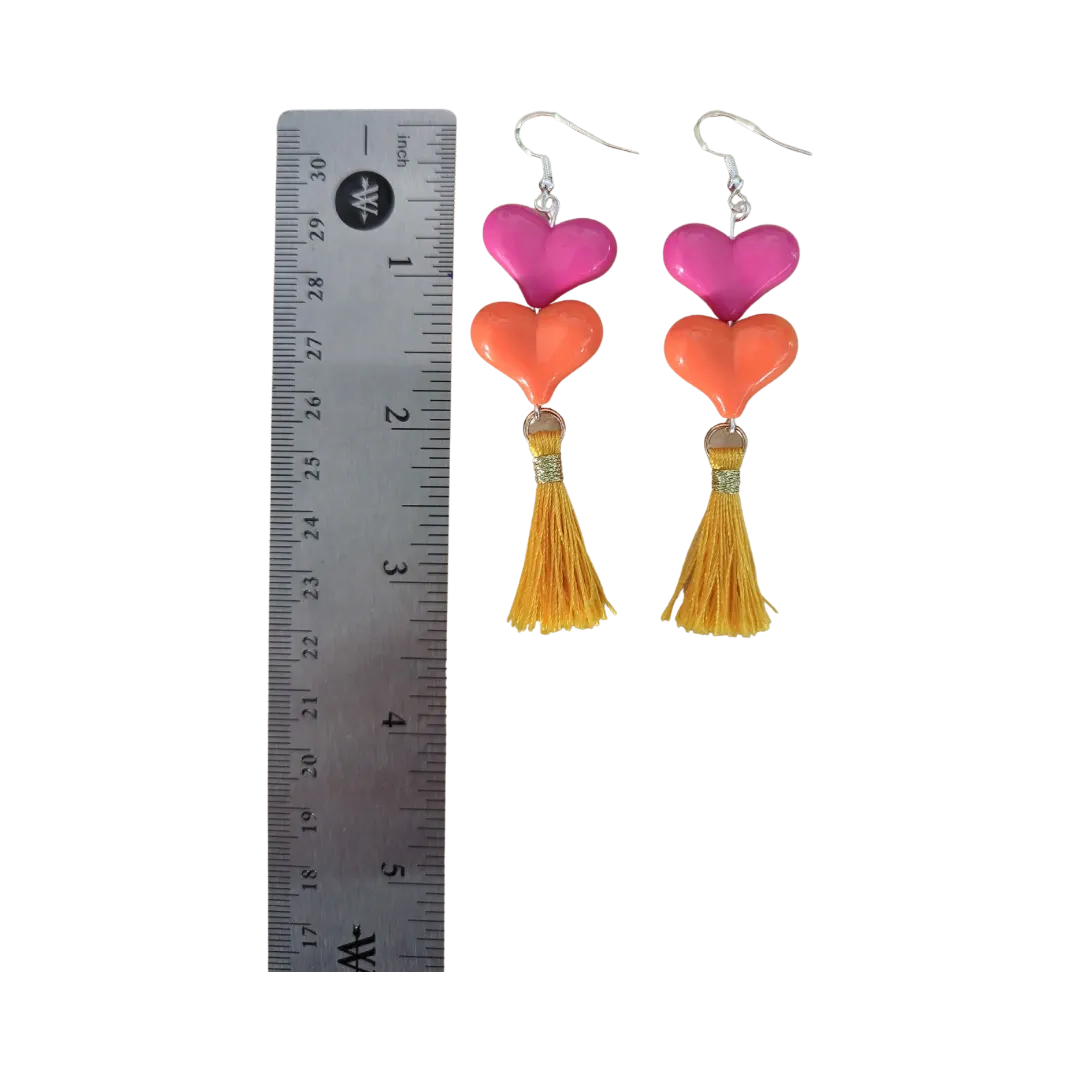 Earrings - Spring color acrylic hearts with tassels on hook