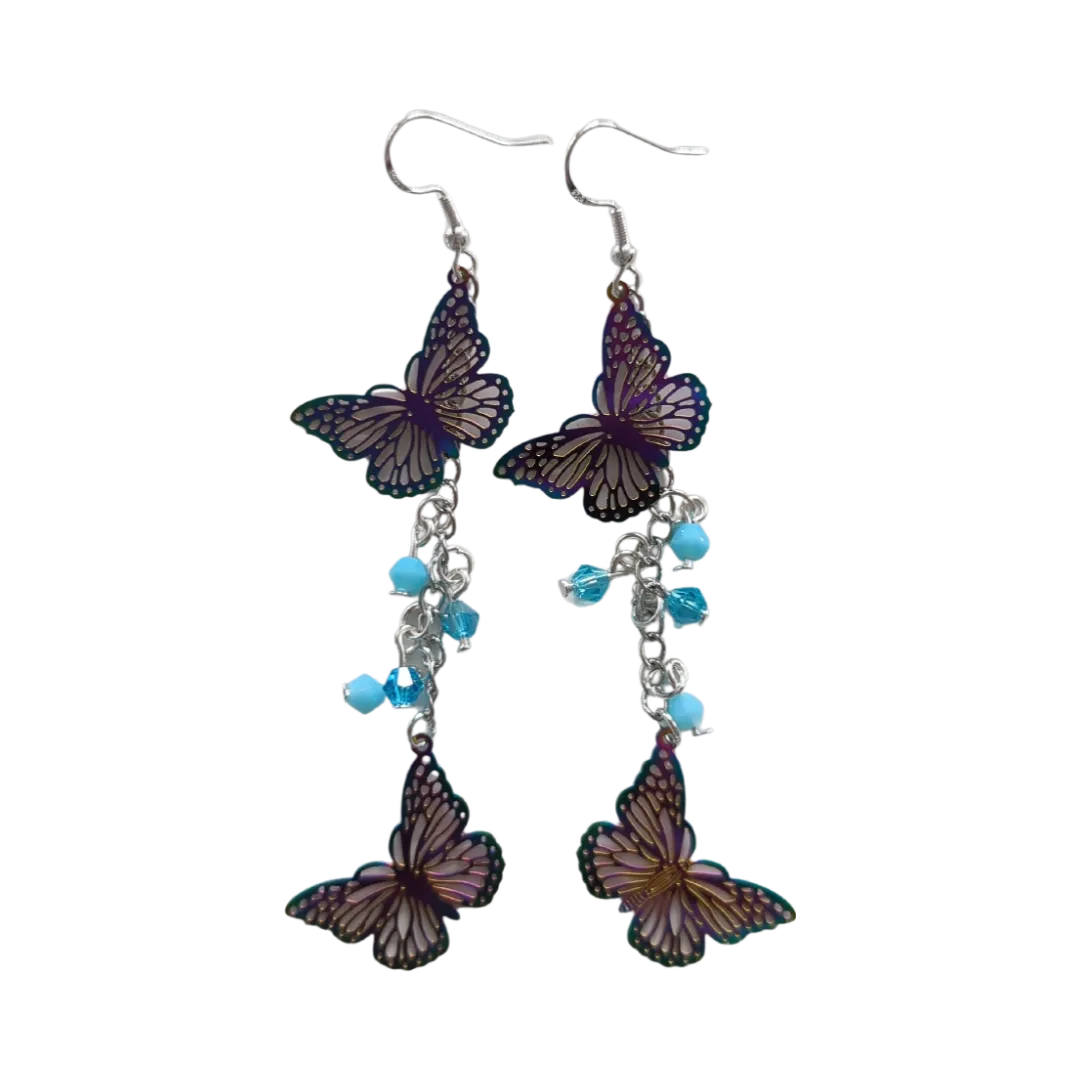 Earrings - Stainless steel curb chain with rainbow etched stainless steel metal butterflies and beads on hook