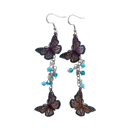 Earrings - Stainless steel curb chain with rainbow etched stainless steel metal butterflies and beads on hook