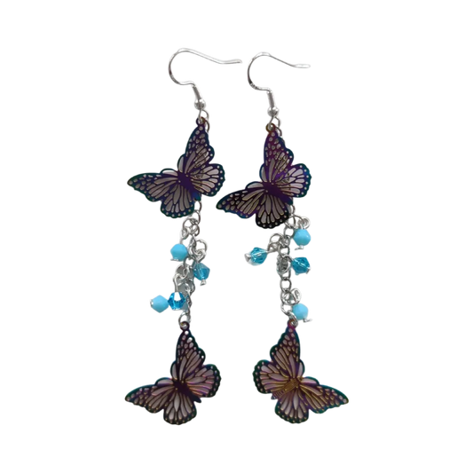 Earrings - Stainless steel curb chain with rainbow etched stainless steel metal butterflies and beads on hook