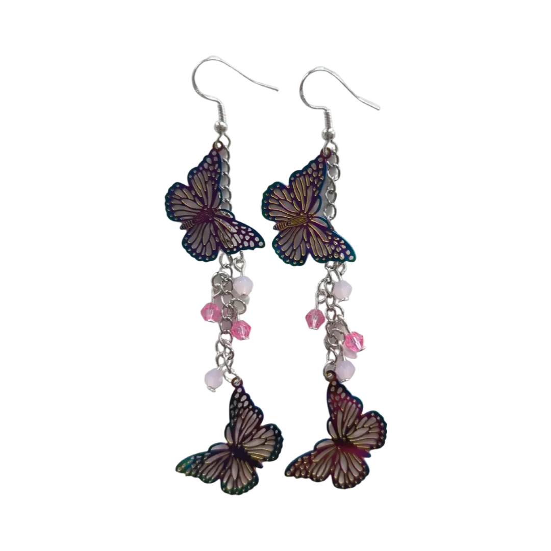 Earrings - Stainless steel curb chain with rainbow etched stainless steel metal butterflies and beads on hook