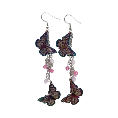 Earrings - Stainless steel curb chain with rainbow etched stainless steel metal butterflies and beads on hook