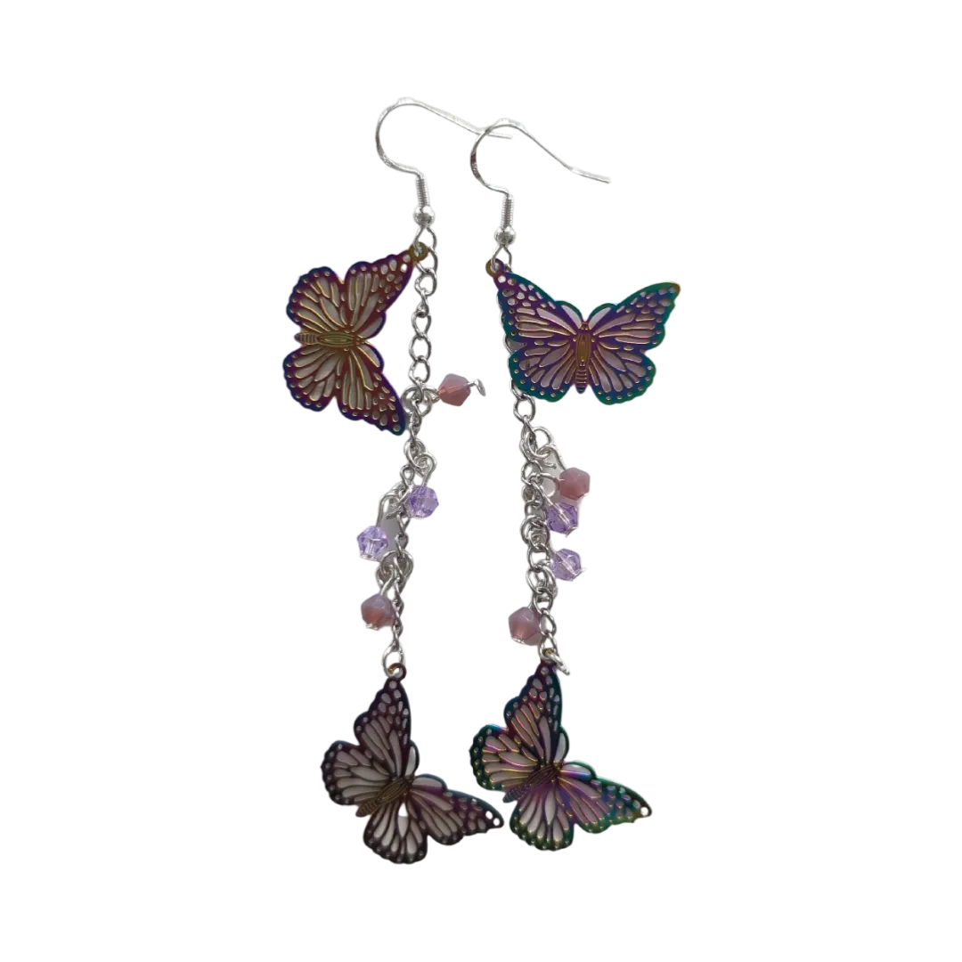 Earrings - Stainless steel curb chain with rainbow etched stainless steel metal butterflies and beads on hook