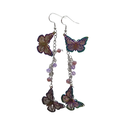 Earrings - Stainless steel curb chain with rainbow etched stainless steel metal butterflies and beads on hook