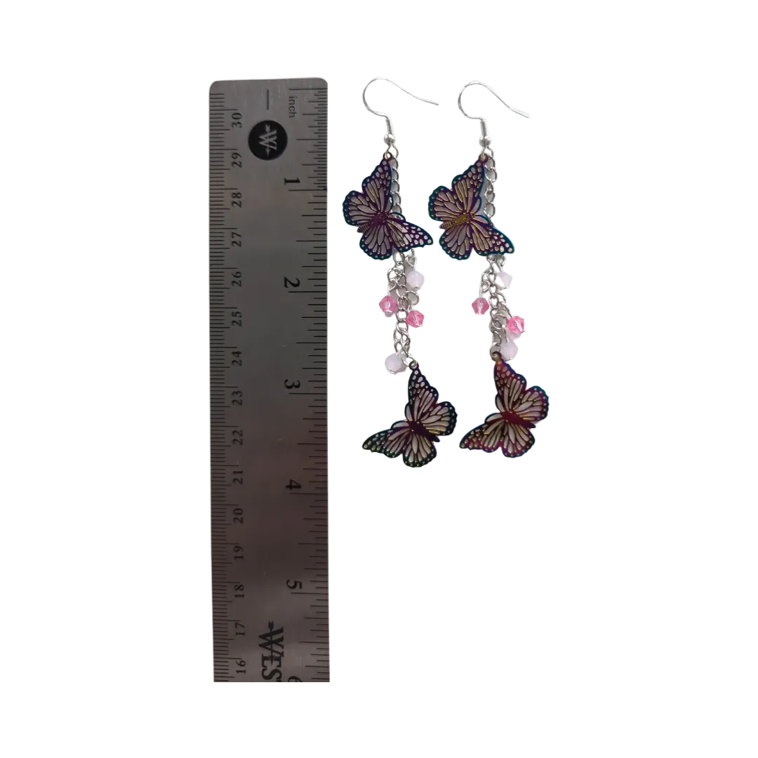 Earrings - Stainless steel curb chain with rainbow etched stainless steel metal butterflies and beads on hook