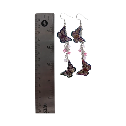 Earrings - Stainless steel curb chain with rainbow etched stainless steel metal butterflies and beads on hook