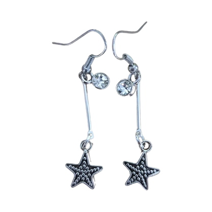 Earrings - Starfish with brass bar link and crystal charm on hook