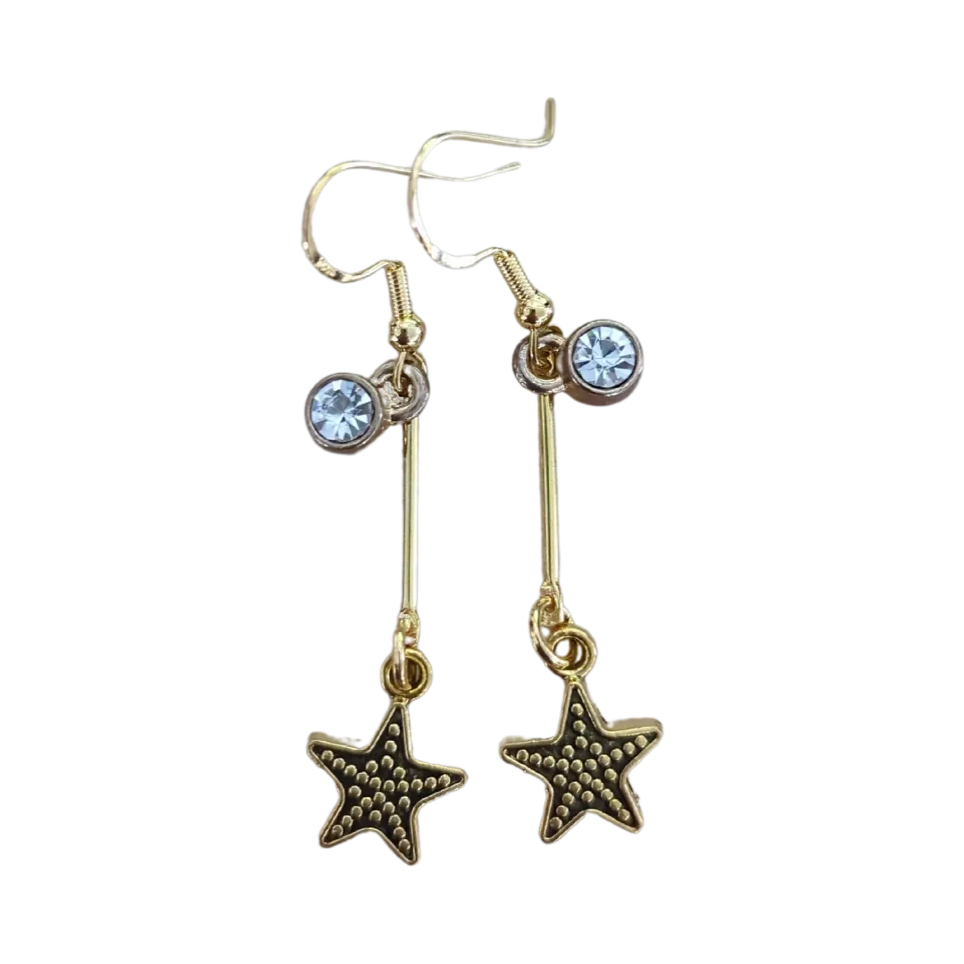 Earrings - Starfish with brass bar link and crystal charm on hook