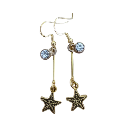 Earrings - Starfish with brass bar link and crystal charm on hook