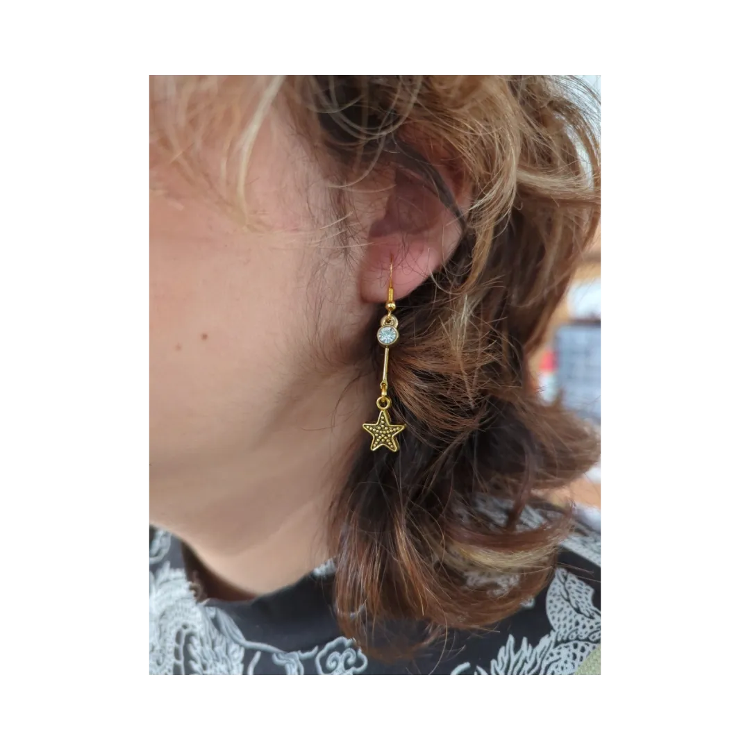 Earrings - Starfish with brass bar link and crystal charm on hook