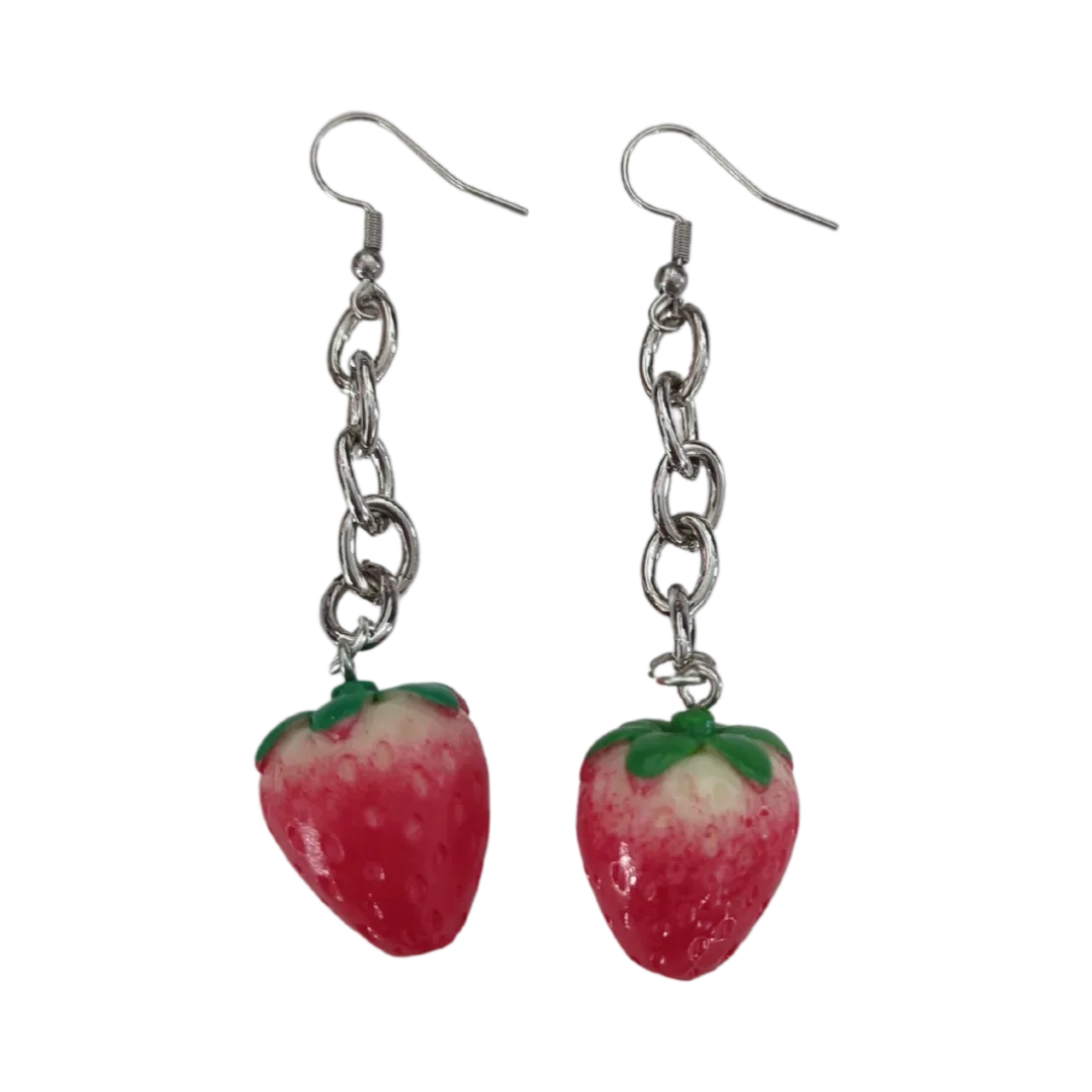 Earrings - Strawberry 3D Acrylic Fruit with silver chain on hook