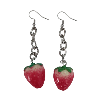 Earrings - Strawberry 3D Acrylic Fruit with silver chain on hook