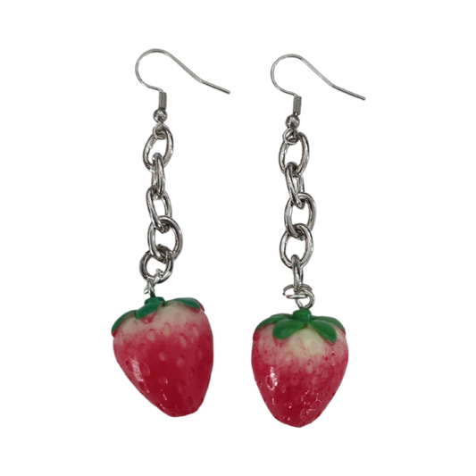 Earrings - Strawberry 3D Acrylic Fruit with silver chain on hook