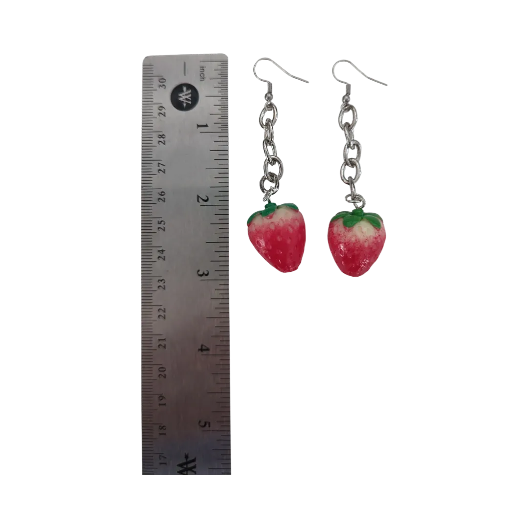 Earrings - Strawberry 3D Acrylic Fruit with silver chain on hook