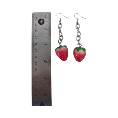 Earrings - Strawberry 3D Acrylic Fruit with silver chain on hook