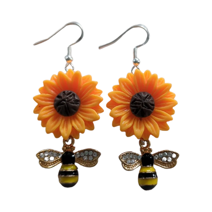 Earrings - Sunflower with rhinestone bee on silver hook