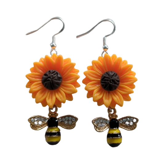 Earrings - Sunflower with rhinestone bee on silver hook