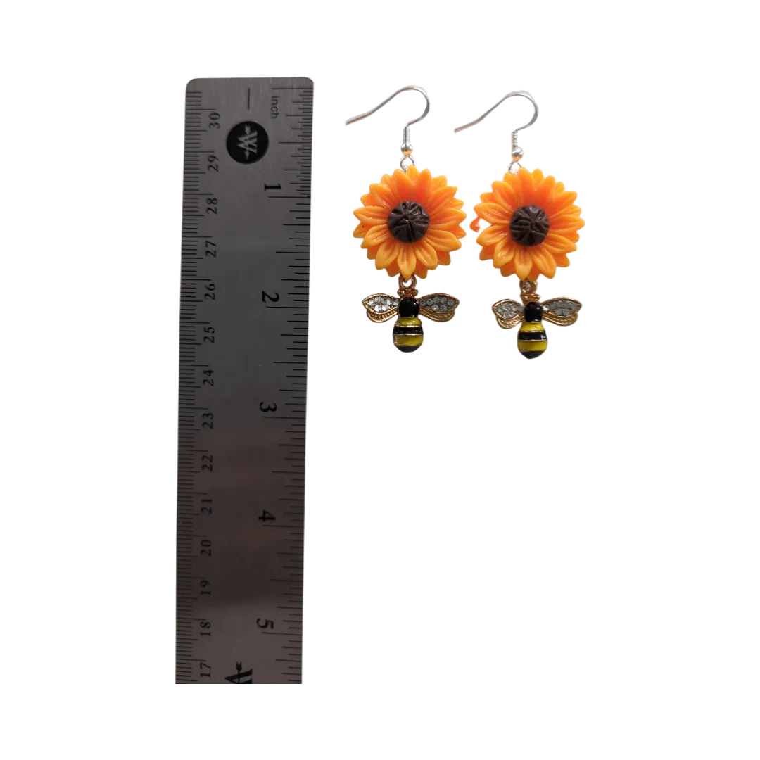 Earrings - Sunflower with rhinestone bee on silver hook