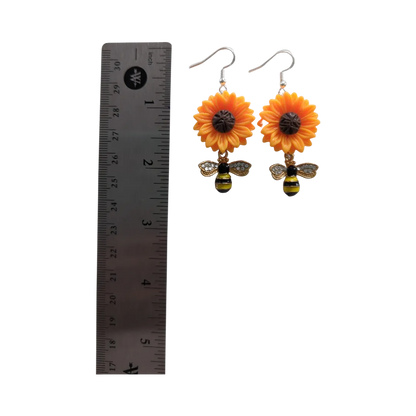 Earrings - Sunflower with rhinestone bee on silver hook