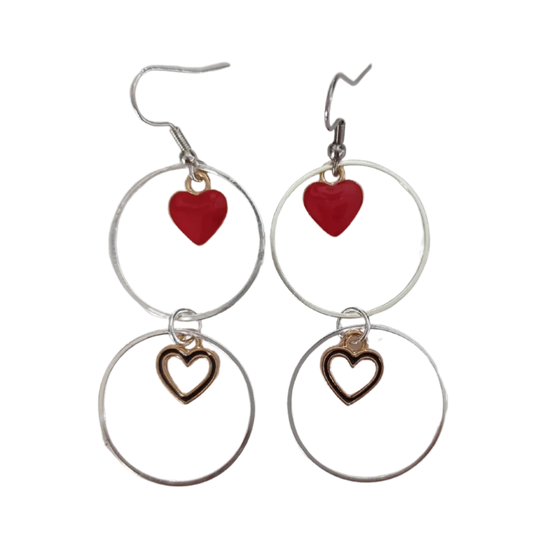 Earrings - Two 1 inch silver circles with 1 solid gold plated heart and 1 hollow gold plated heart on silver hook