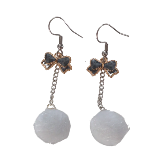 Earrings - White Pompoms on Silver Chain with Gold Plated Grey Bow Charm on Silver Hook