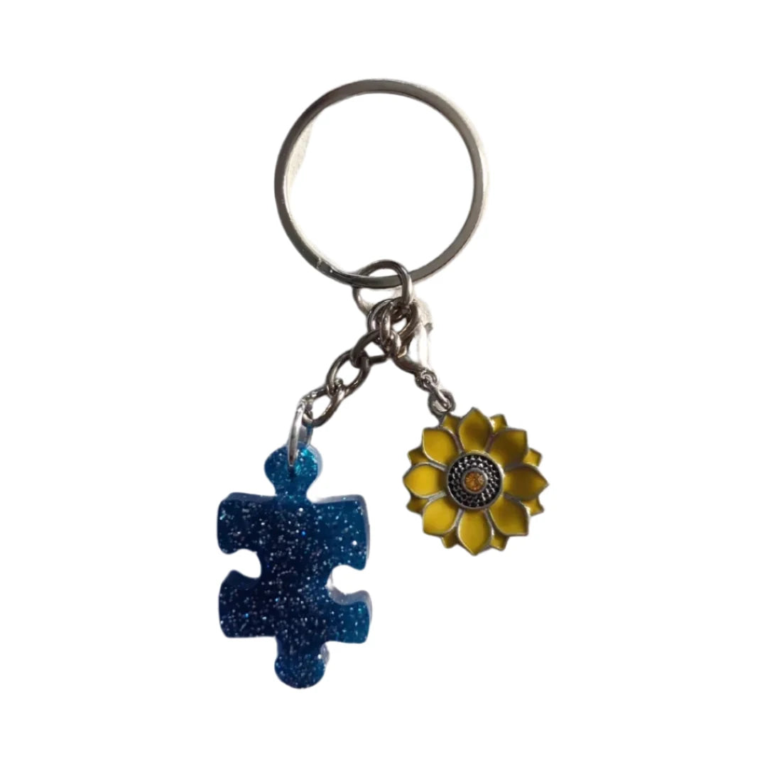 Keychain - Resin puzzle piece and silver charm