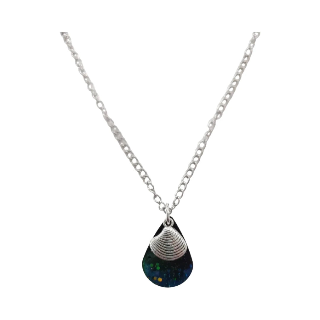 Necklacce - 17.5 inches silver sea shell charm resin teardrop on stainless steel curb chain