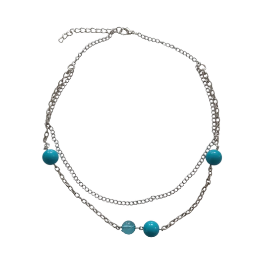 Necklace - 14.5 inches stainless steel curb chain with blue beads