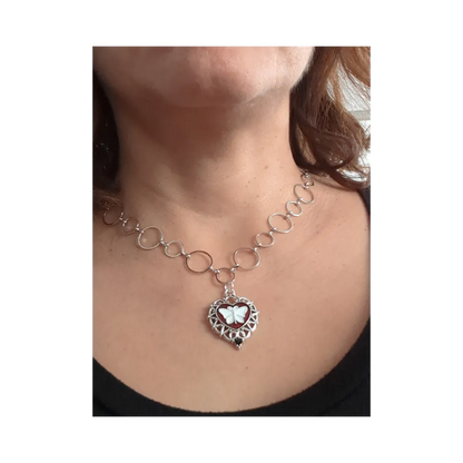 Necklace - 16 inches butterfly heart charm on platinum chain