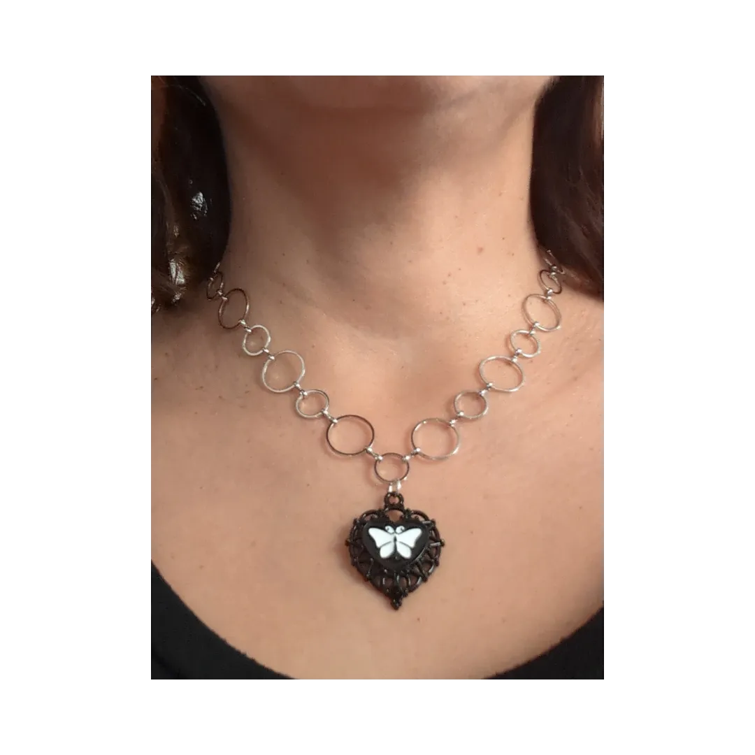 Necklace - 16 inches butterfly heart charm on platinum chain