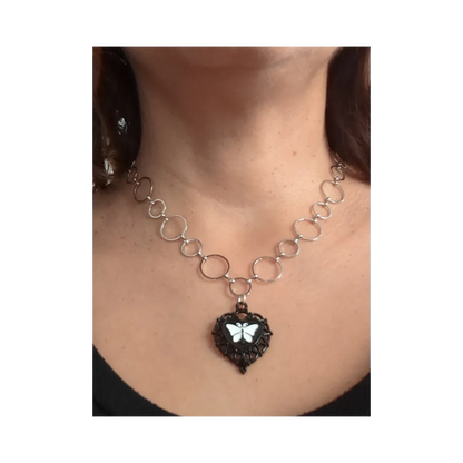 Necklace - 16 inches butterfly heart charm on platinum chain