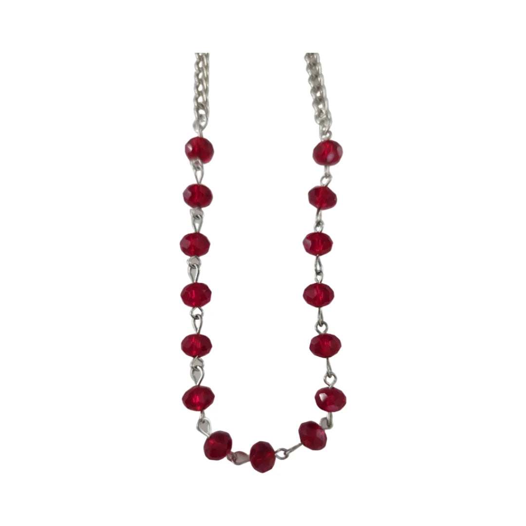 Necklace - 17.5 inches silver curb chain with burgundy glass beads