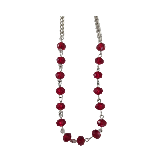 Necklace - 17.5 inches silver curb chain with burgundy glass beads