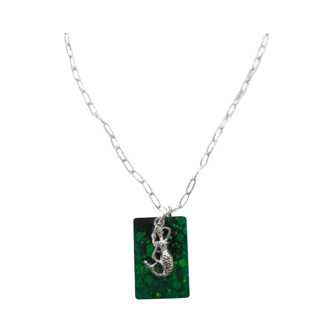 Necklace - 17.5 inches silver mermaid charm resin rectangle on silver cable chain