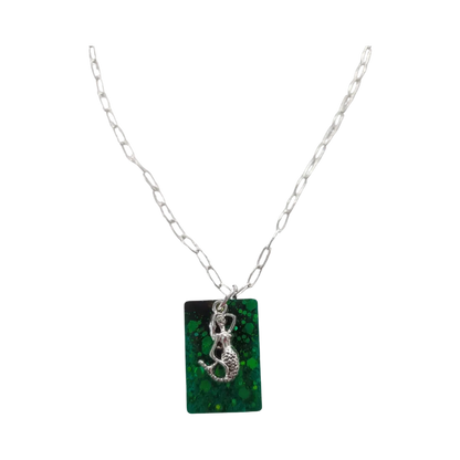 Necklace - 17.5 inches silver mermaid charm resin rectangle on silver cable chain