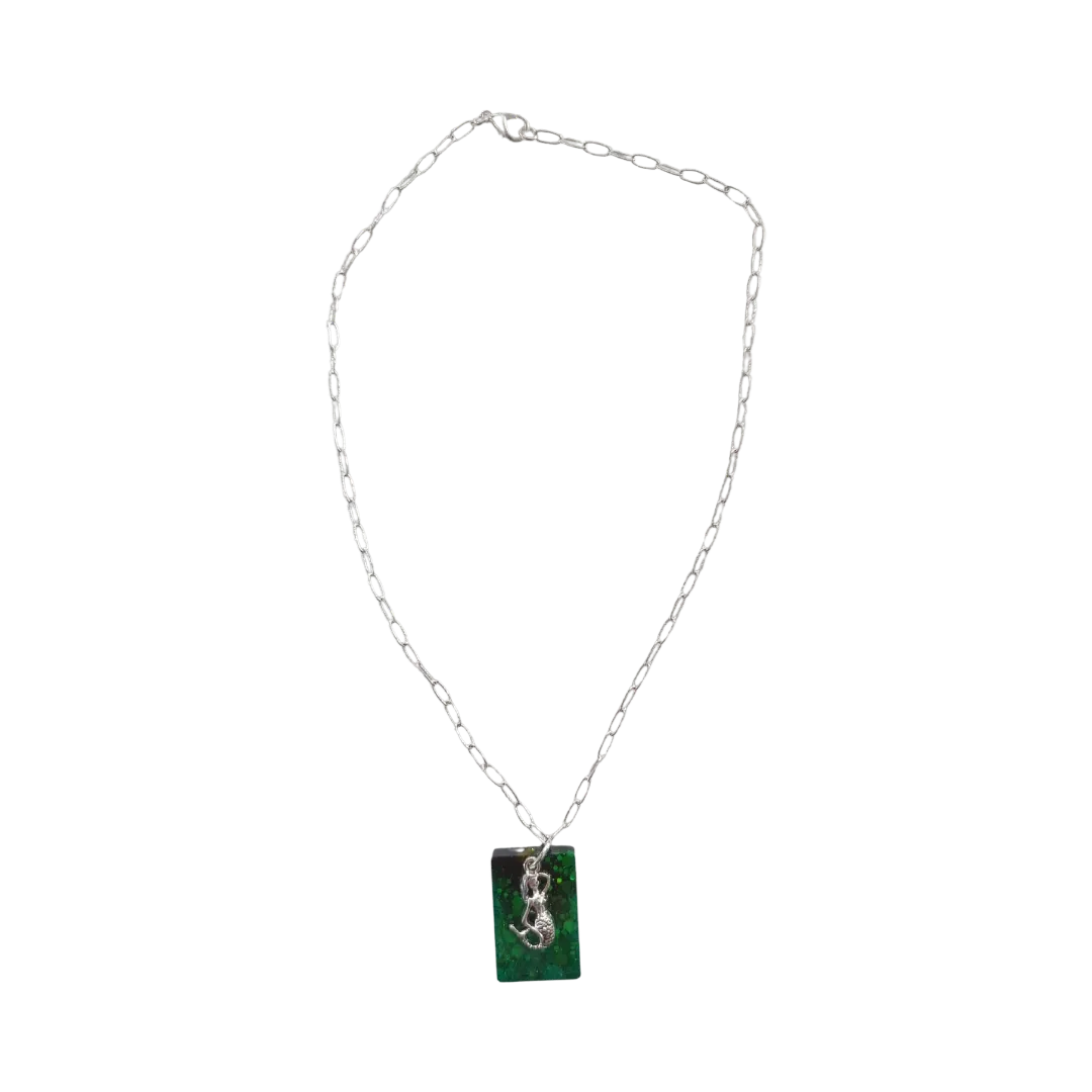 Necklace - 17.5 inches silver mermaid charm resin rectangle on silver cable chain