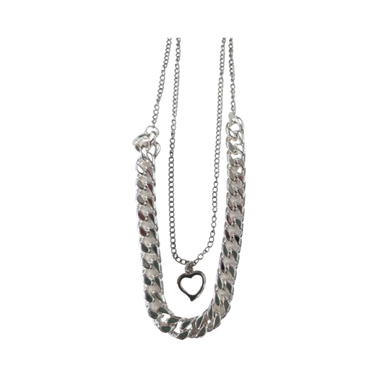 Necklace - 18 and 16 inches two layer silver curb chain and stainless steel curb chain with silver heart