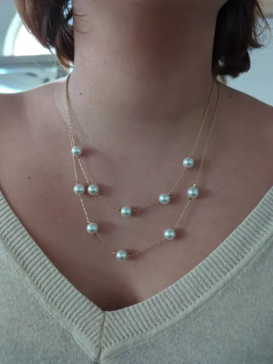 Necklace - 18 and 20 inches two layer White pearl beads on gold chain Necklace