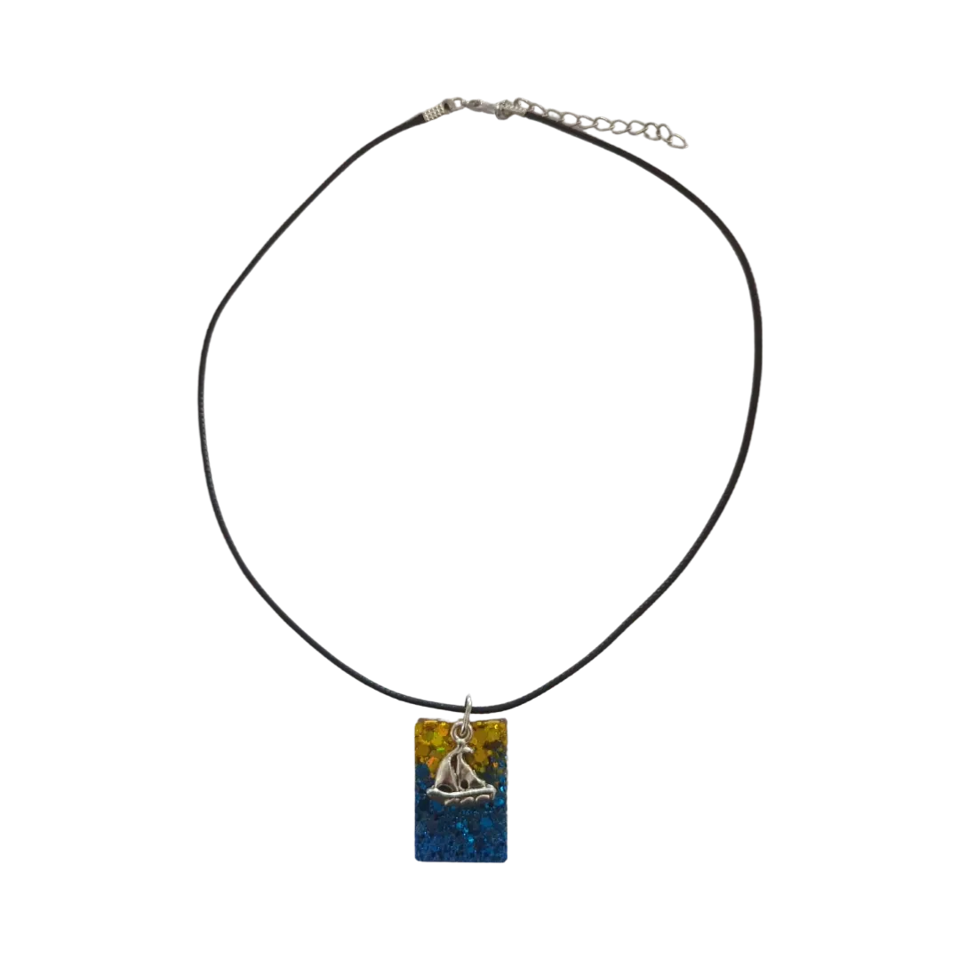 Necklace - 18 inches resin rectangle with sailboat silver charm on black cord