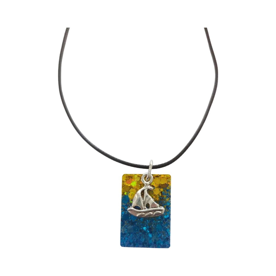 Necklace - 18 inches resin rectangle with sailboat silver charm on black cord