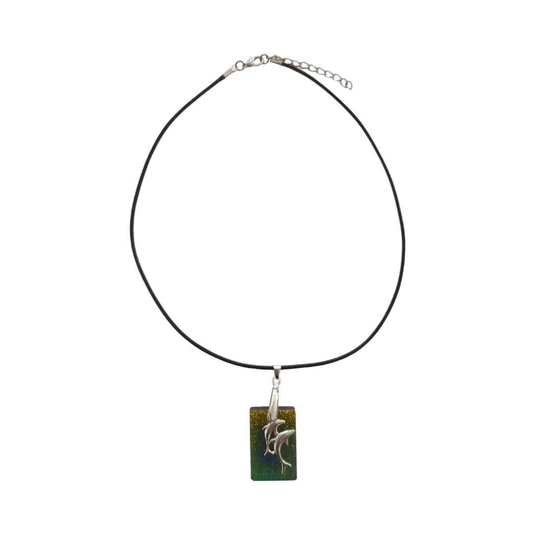 Necklace - 18 inches resin rectangle with dolphins silver charm on black cord